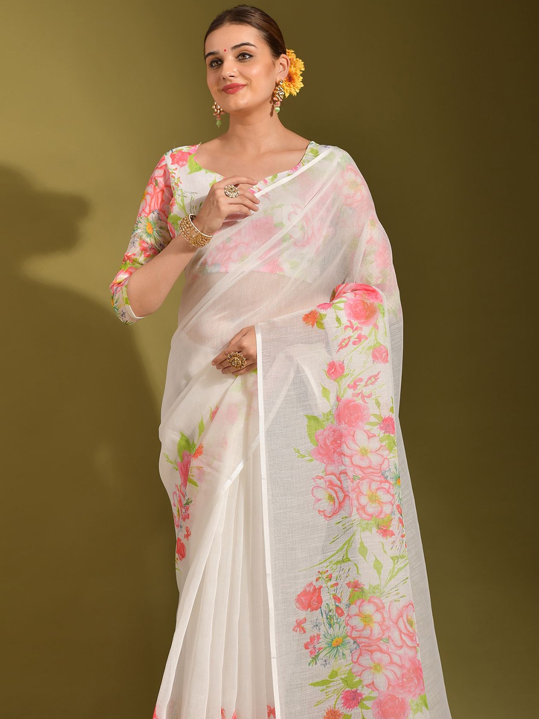 

Kalista Floral Linen Blend Saree, White