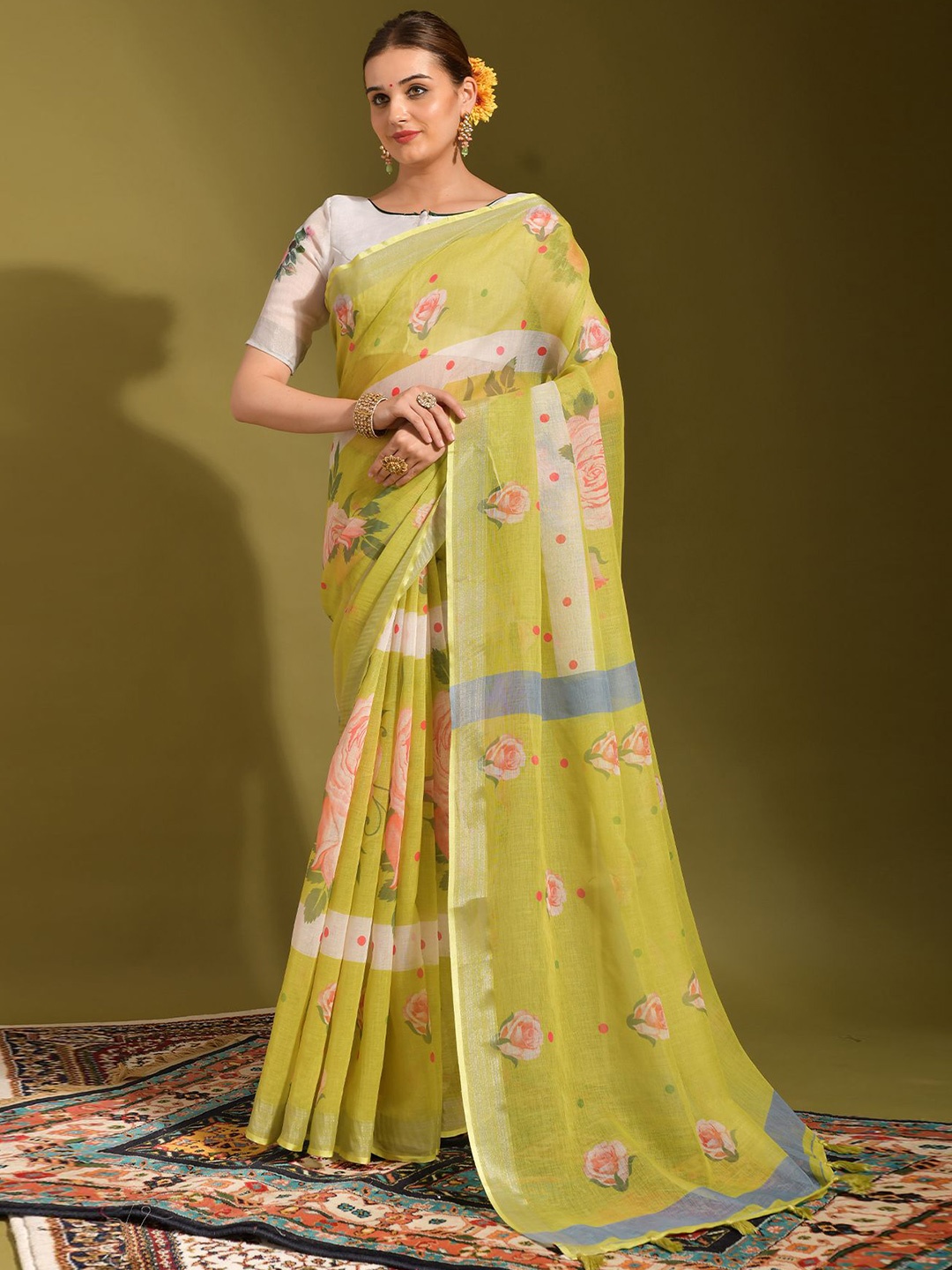 

Kalista Floral Zari Saree, Lime green