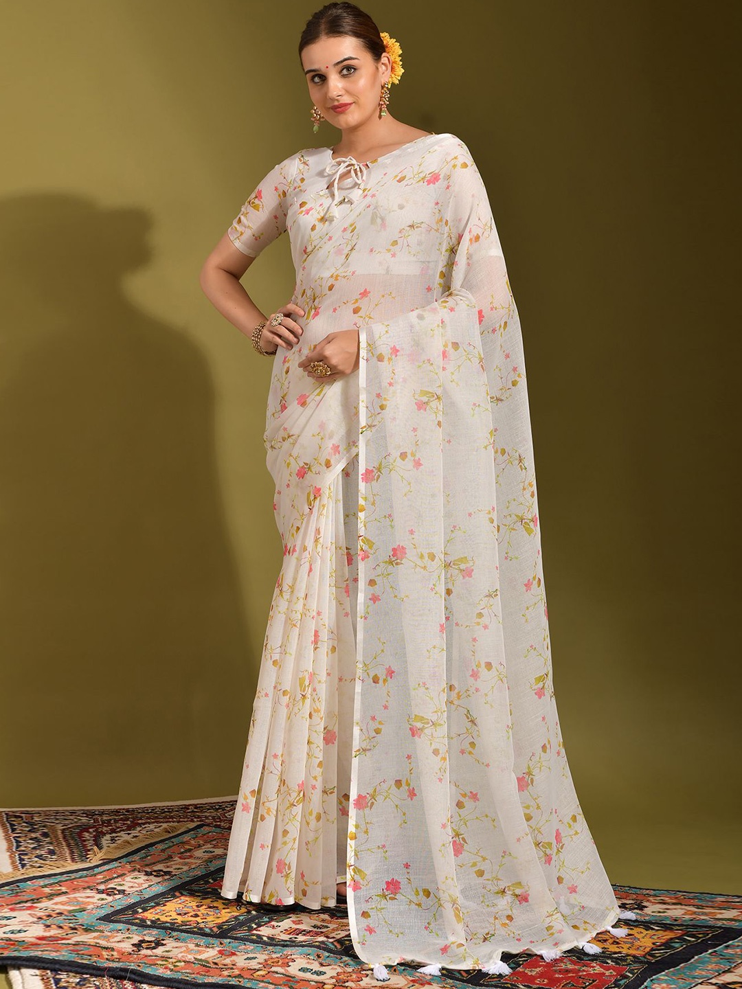 

Kalista Floral Saree with Tassels, White