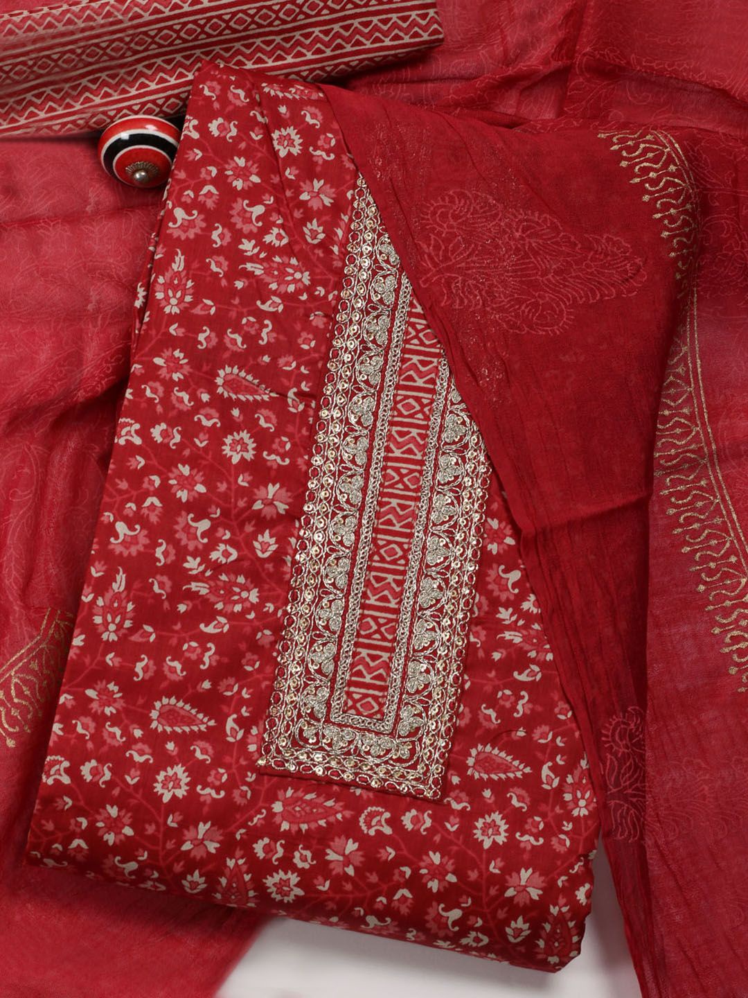 

Meena Bazaar Floral Printed Unstitched Dress Material, Maroon