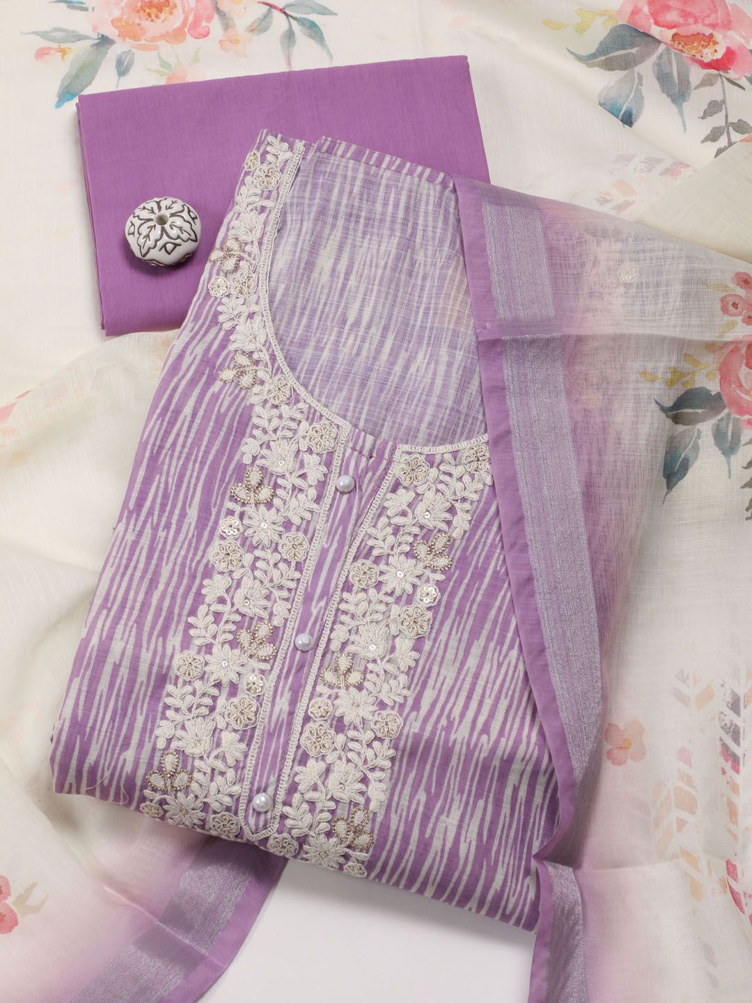 

Meena Bazaar Printed Linen Unstitched Dress Material, Purple