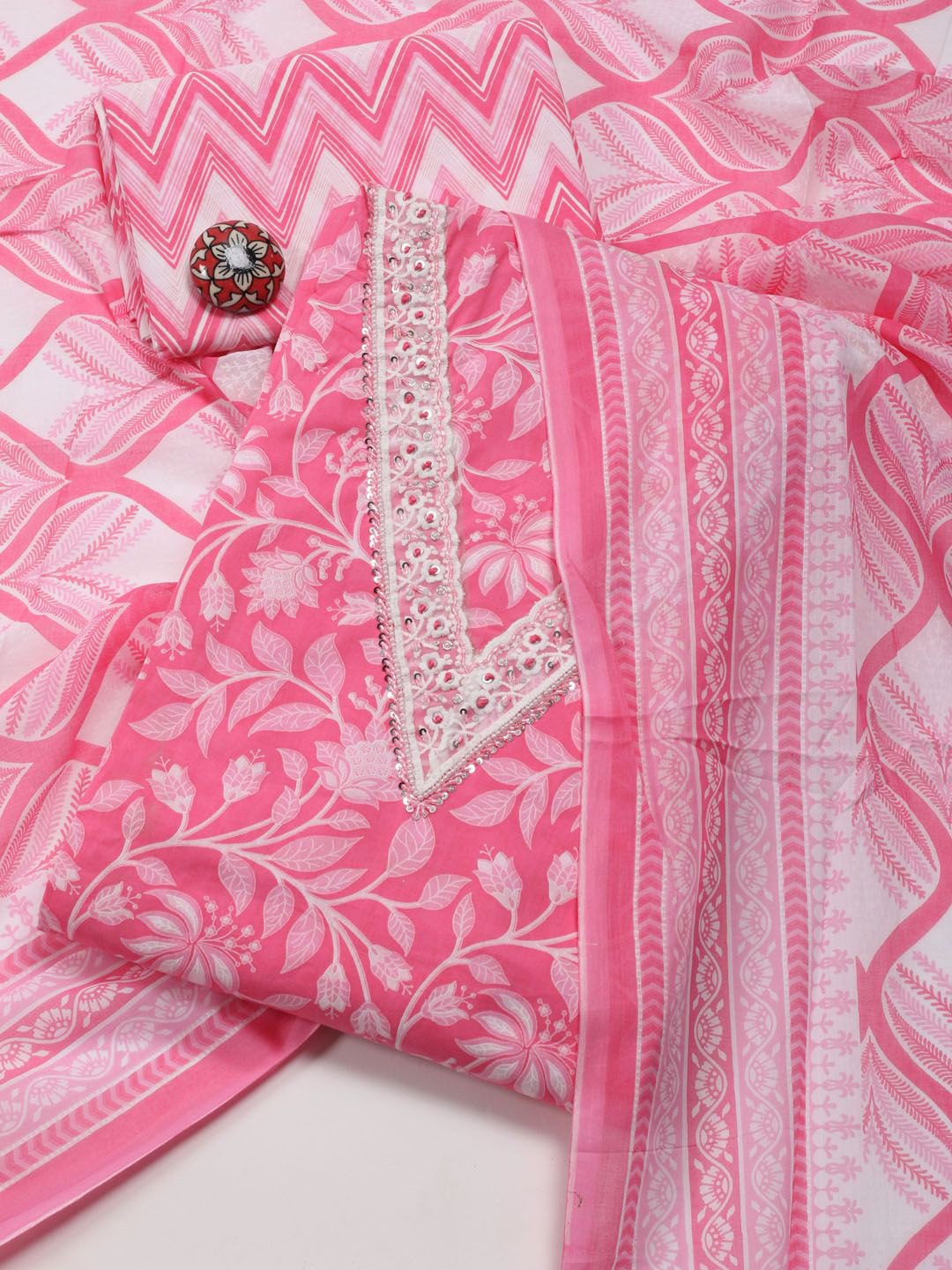 

Meena Bazaar Printed Unstitched Dress Material, Pink