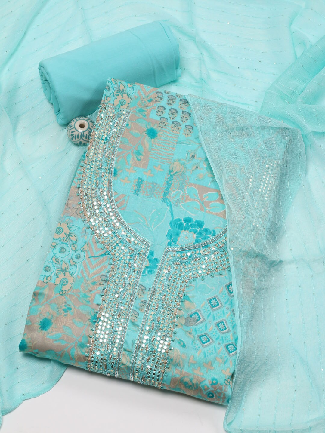 

Meena Bazaar Floral Printed Unstitched Dress Material, Blue