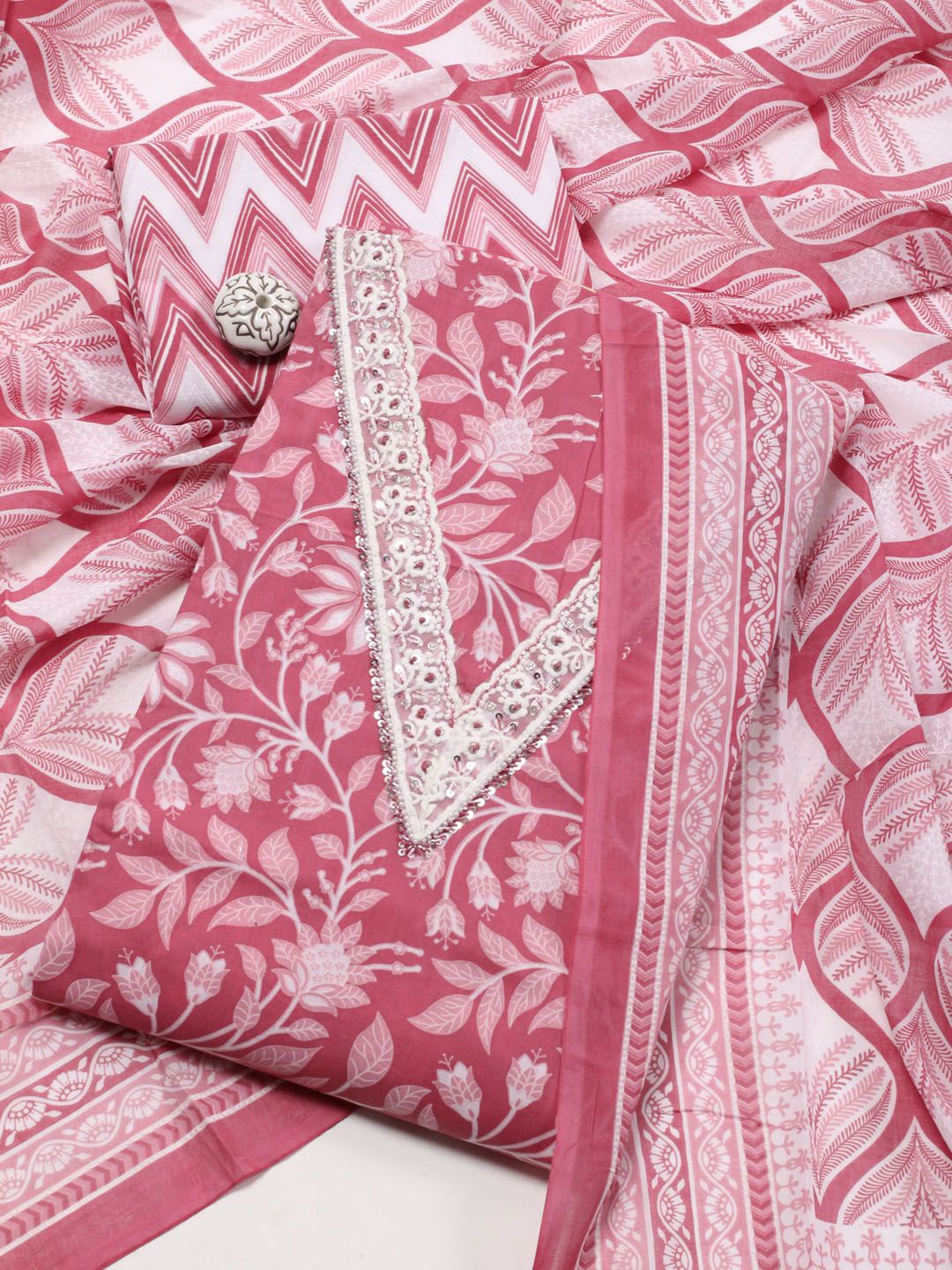 

Meena Bazaar Printed Unstitched Dress Material, Pink