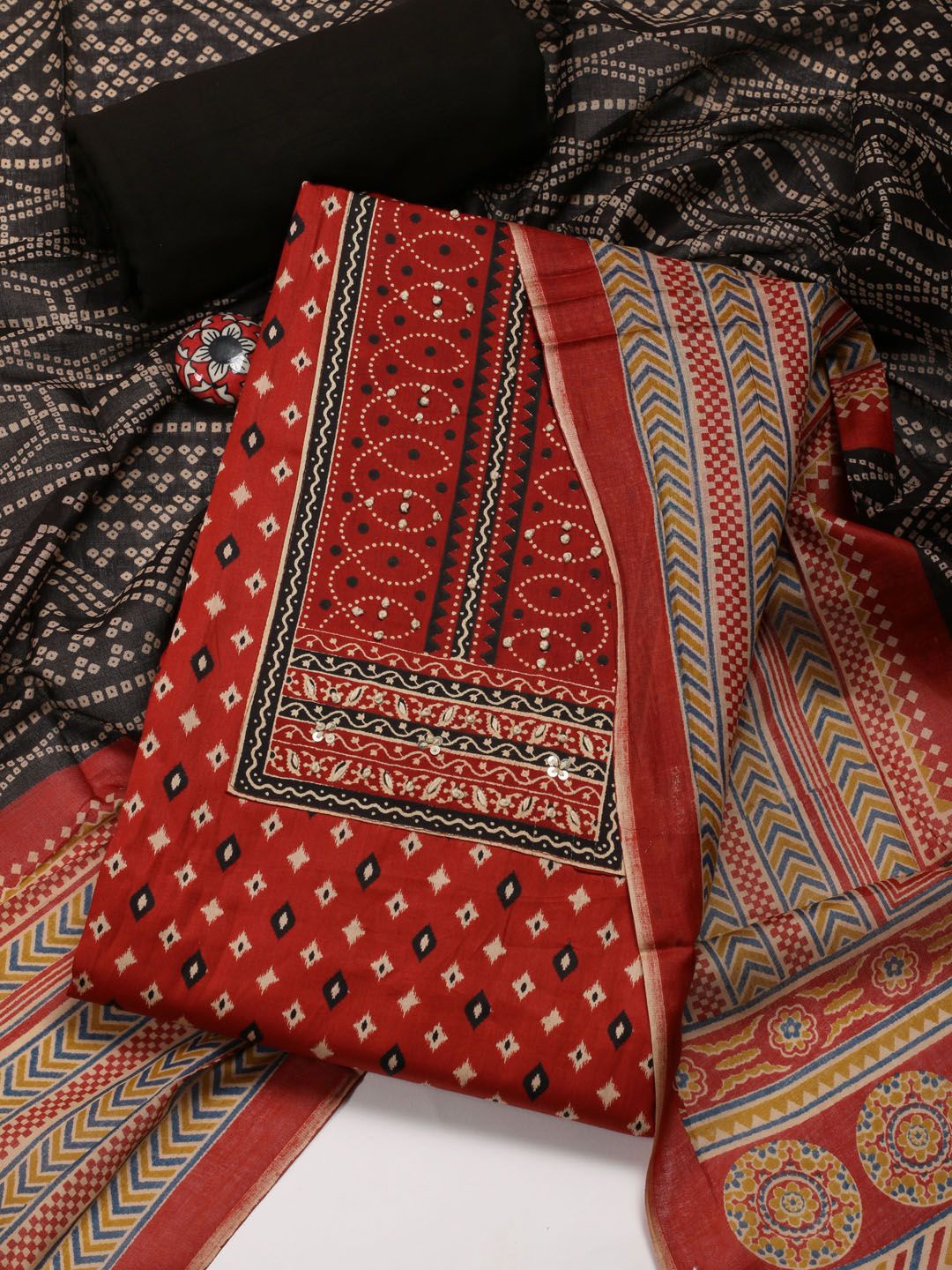

Meena Bazaar Bandhani Printed Unstitched Dress Material, Rust