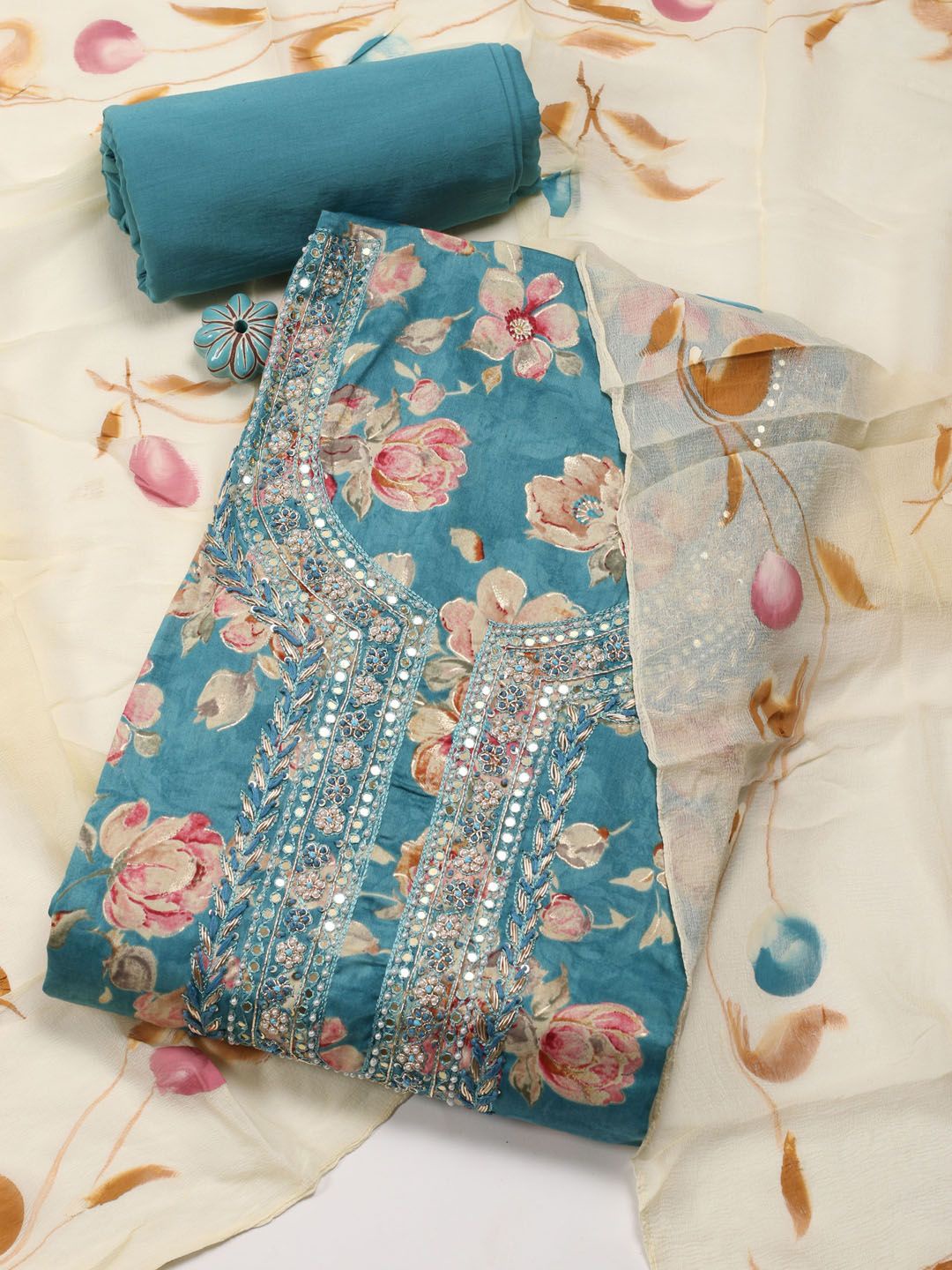 

Meena Bazaar Floral Printed Unstitched Dress Material, Blue