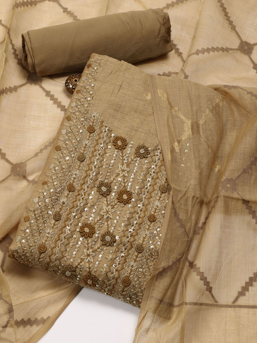 

Meena Bazaar Floral Embroidered Art Silk Unstitched Dress Material, Beige