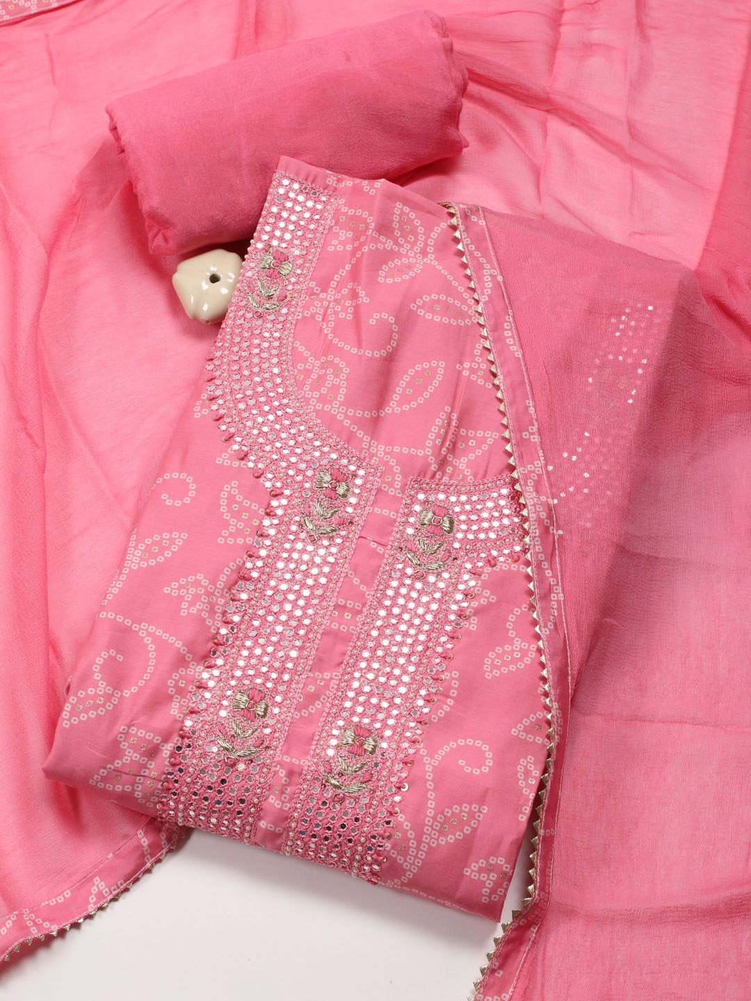 

Meena Bazaar Bandhani Printed Unstitched Dress Material, Pink
