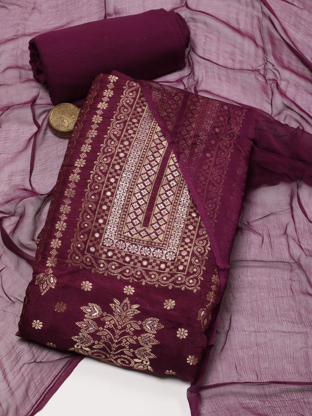 

Meena Bazaar Art Silk Unstitched Dress Material, Burgundy