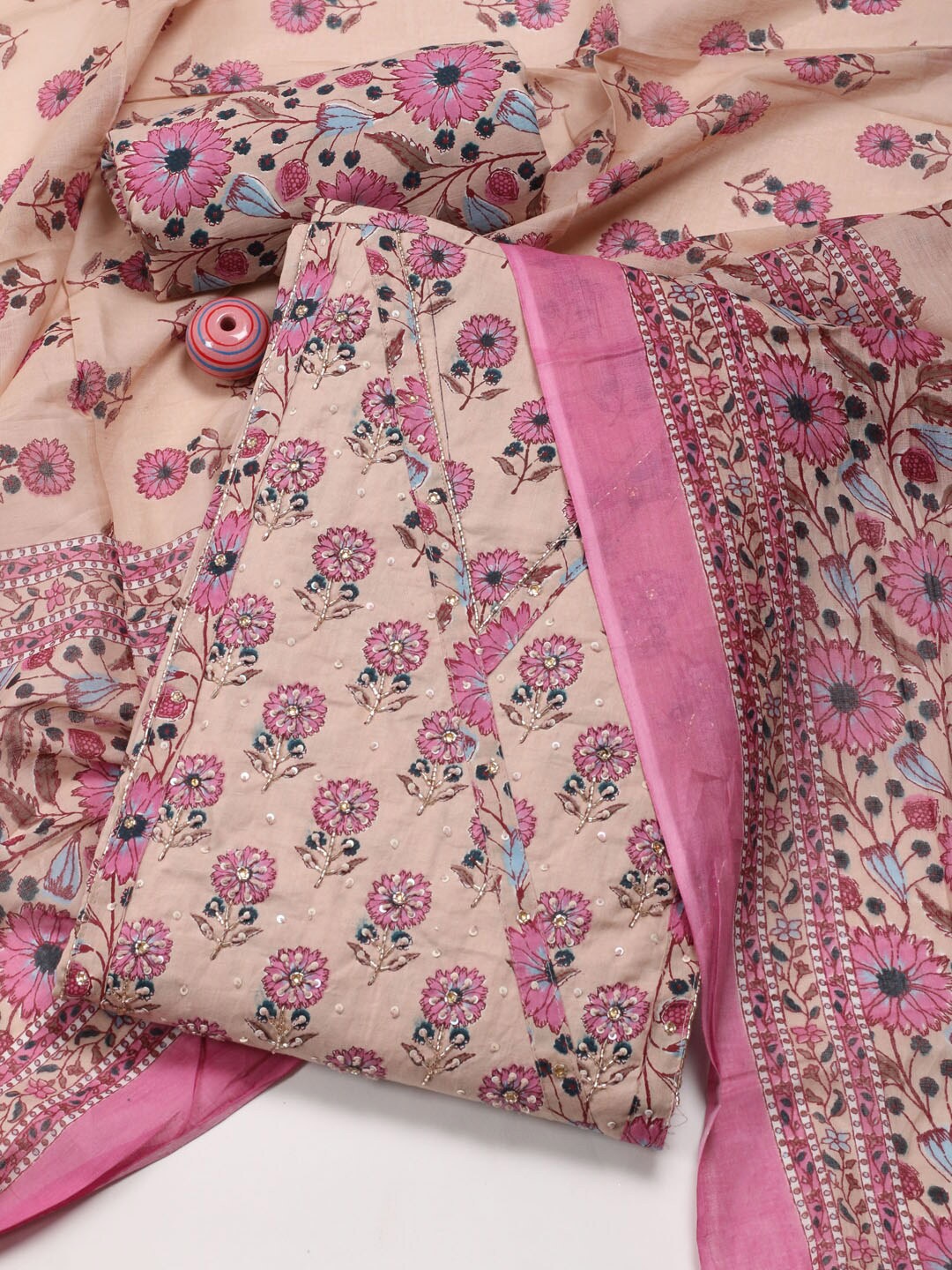 

Meena Bazaar Floral Printed Unstitched Dress Material, Beige