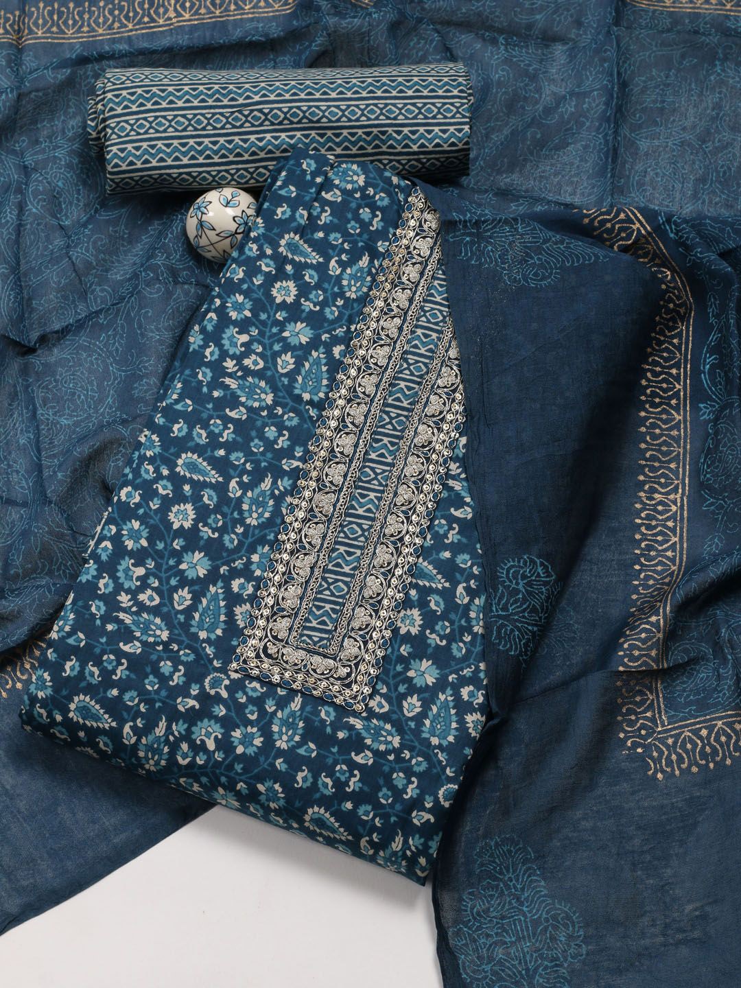

Meena Bazaar Printed Unstitched Dress Material, Blue