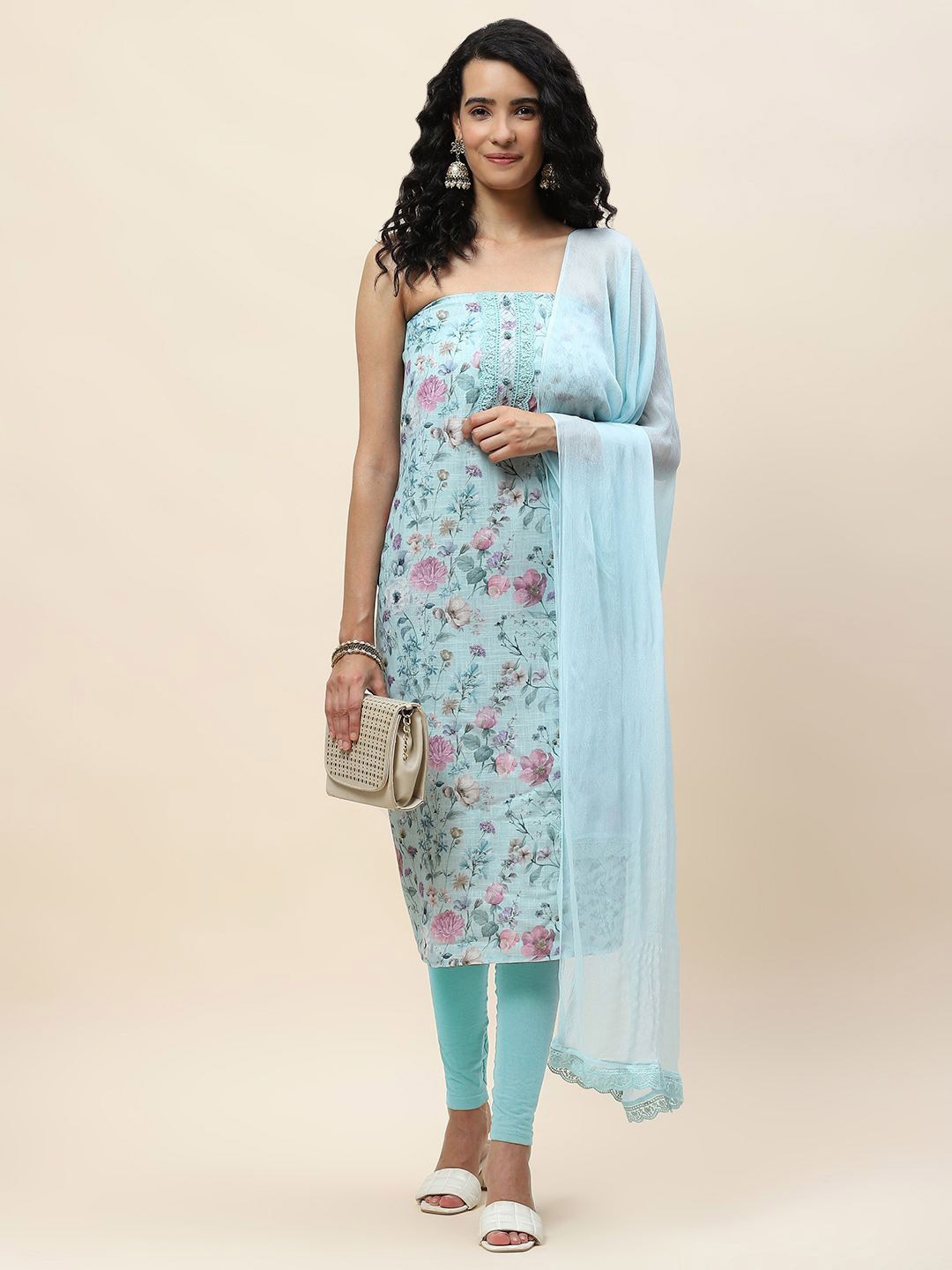 

Meena Bazaar Printed Unstitched Dress Material, Blue