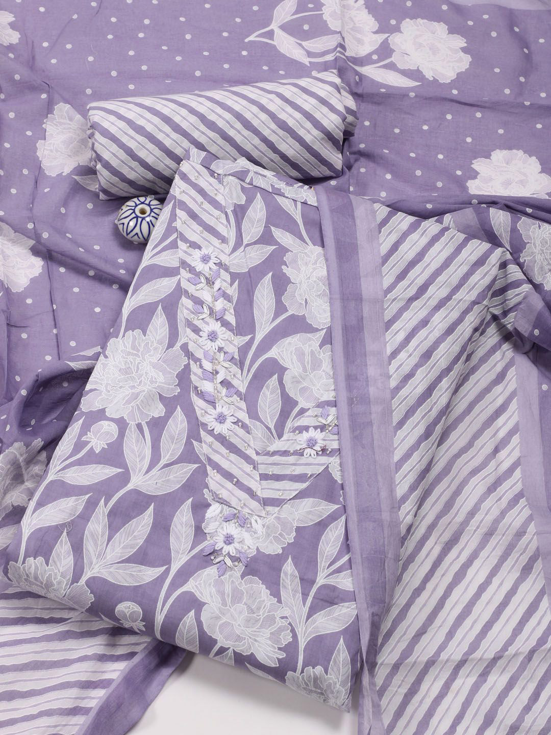 

Meena Bazaar Floral Printed Unstitched Dress Material, Lavender