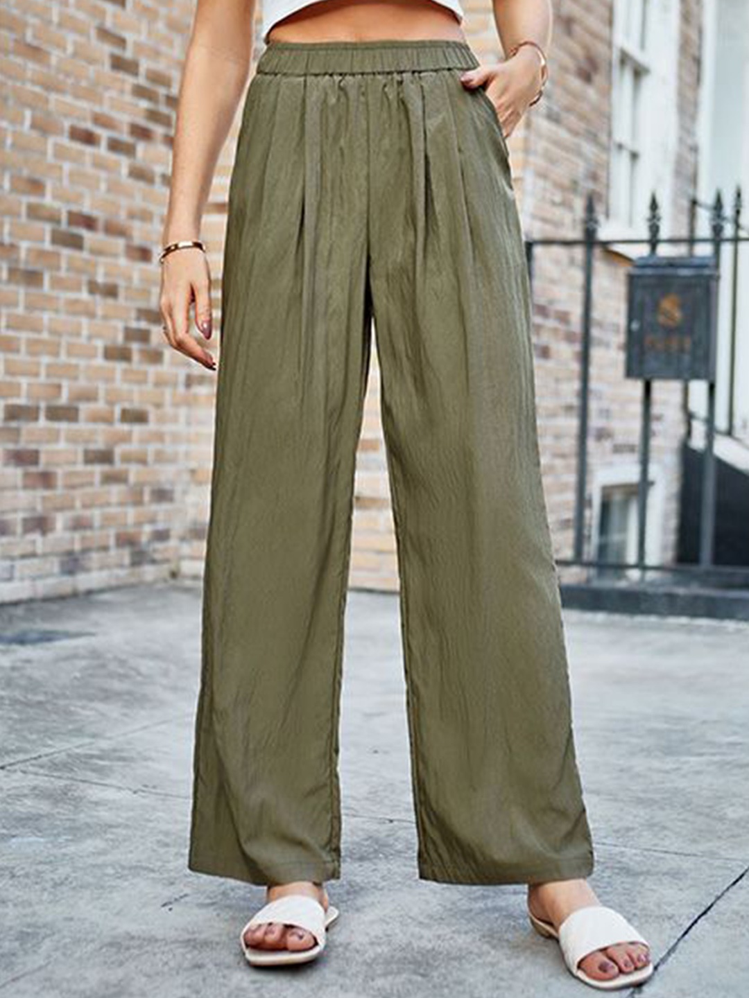 

StyleCast x Revolte Women Straight Fit Pleated Trousers, Green