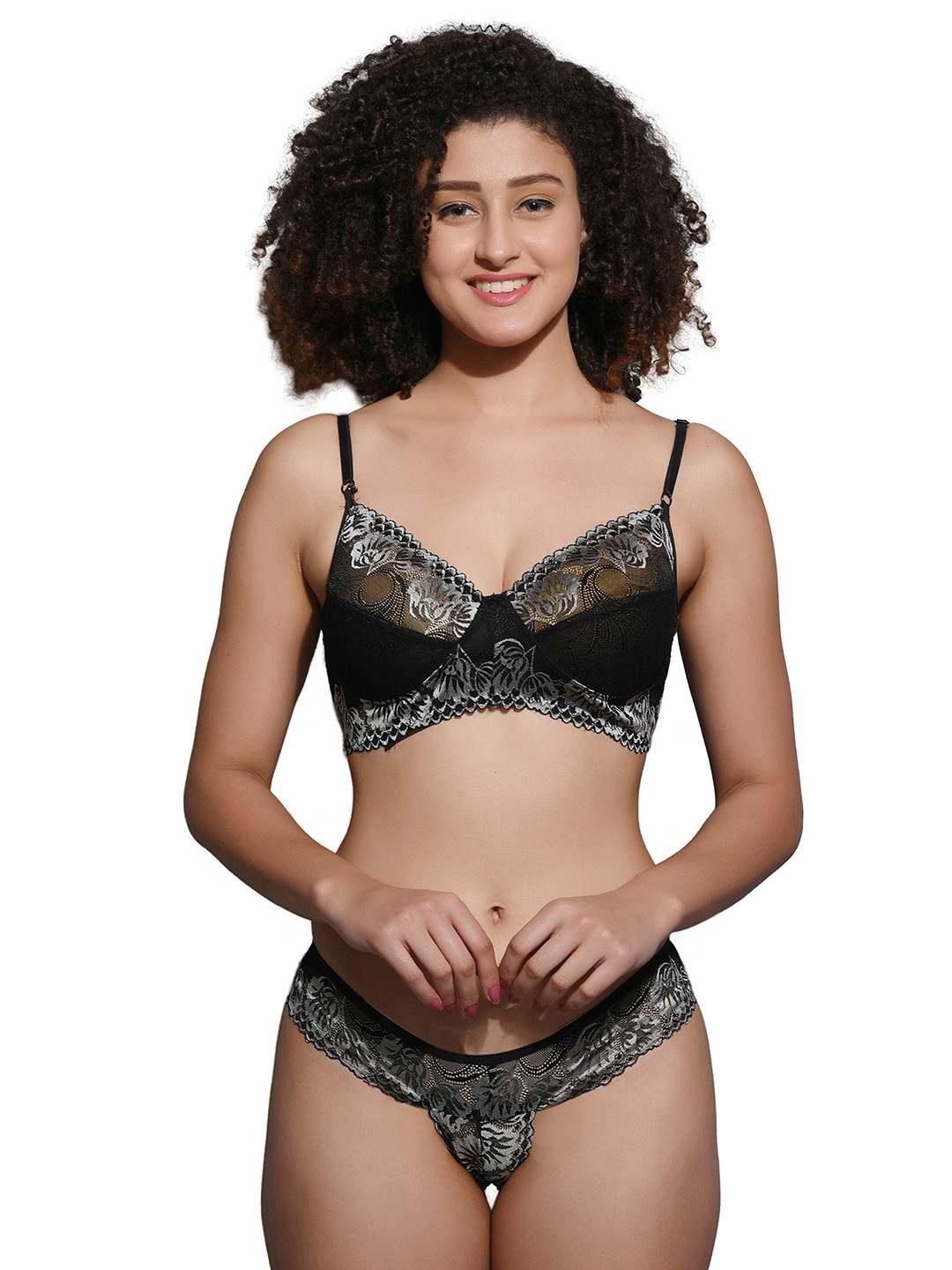 

Fihana Printed Lace Non Padded Lingerie Set, Black