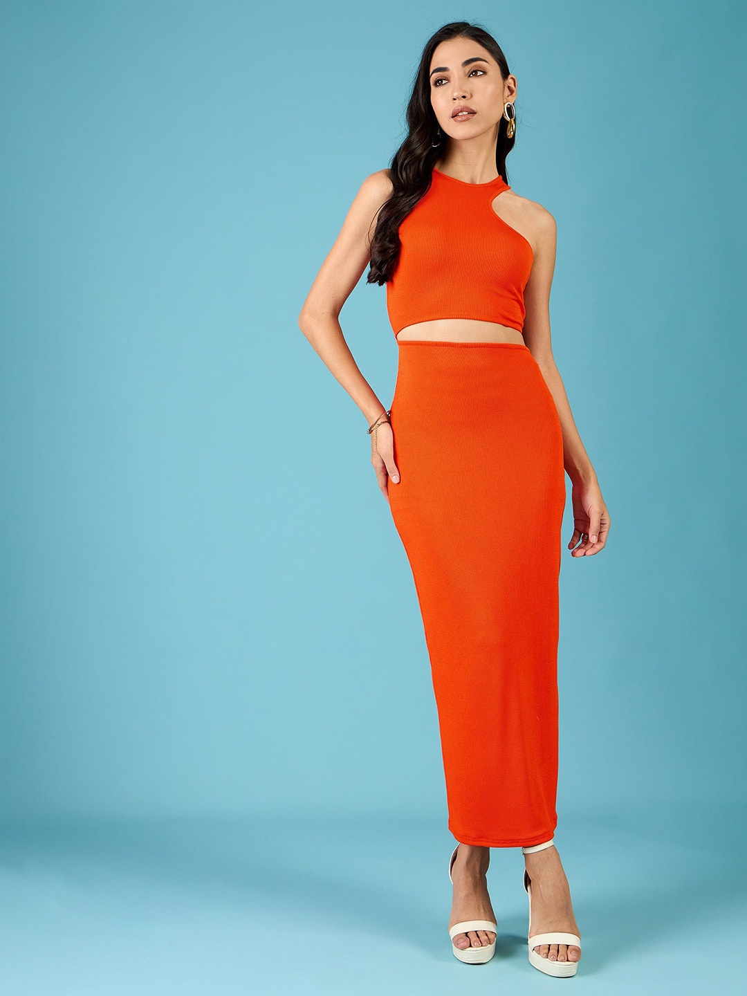 

Uptownie Stretchable Ribbed Cutout Dress, Orange