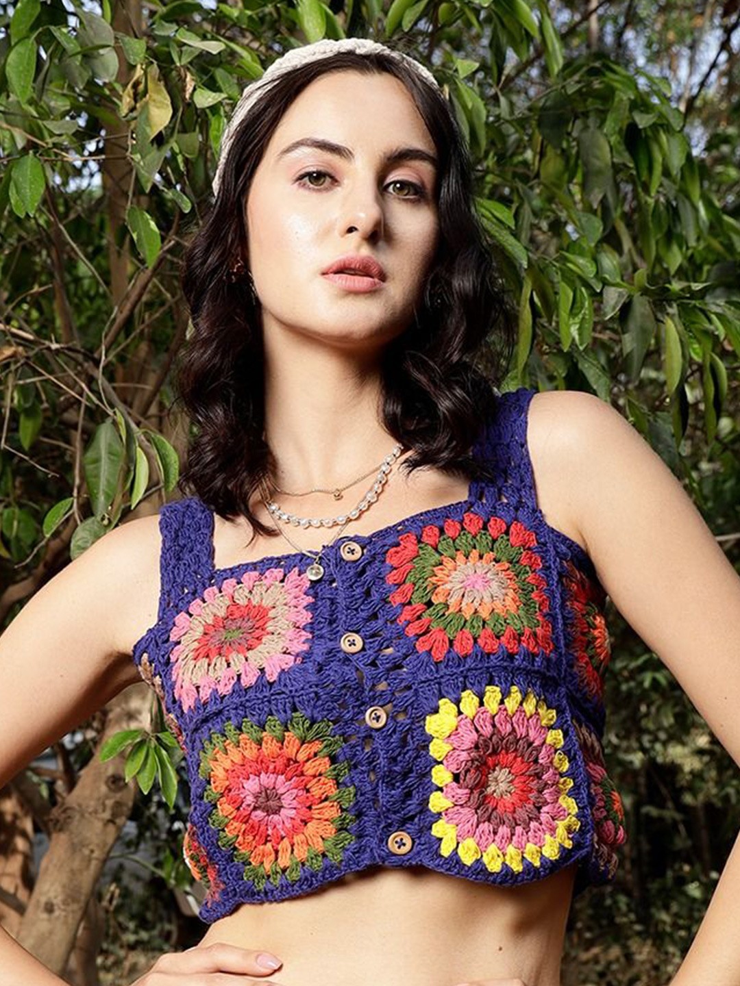 

Velvery Floral Print Cotton Crochet Boxy Crop Top, Blue