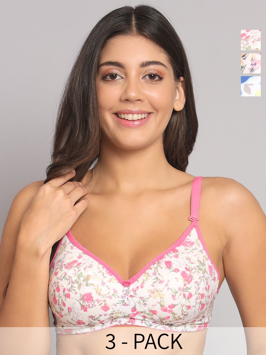 

R Cube Pack Of 3 Floral Bra Half Coverage Lightly Padded T-shirt Bra- All Day Comfort, White