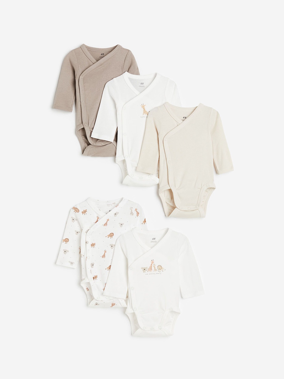 

H&M Boys Pack Of 5 Printed Wrapover Bodysuit, Beige