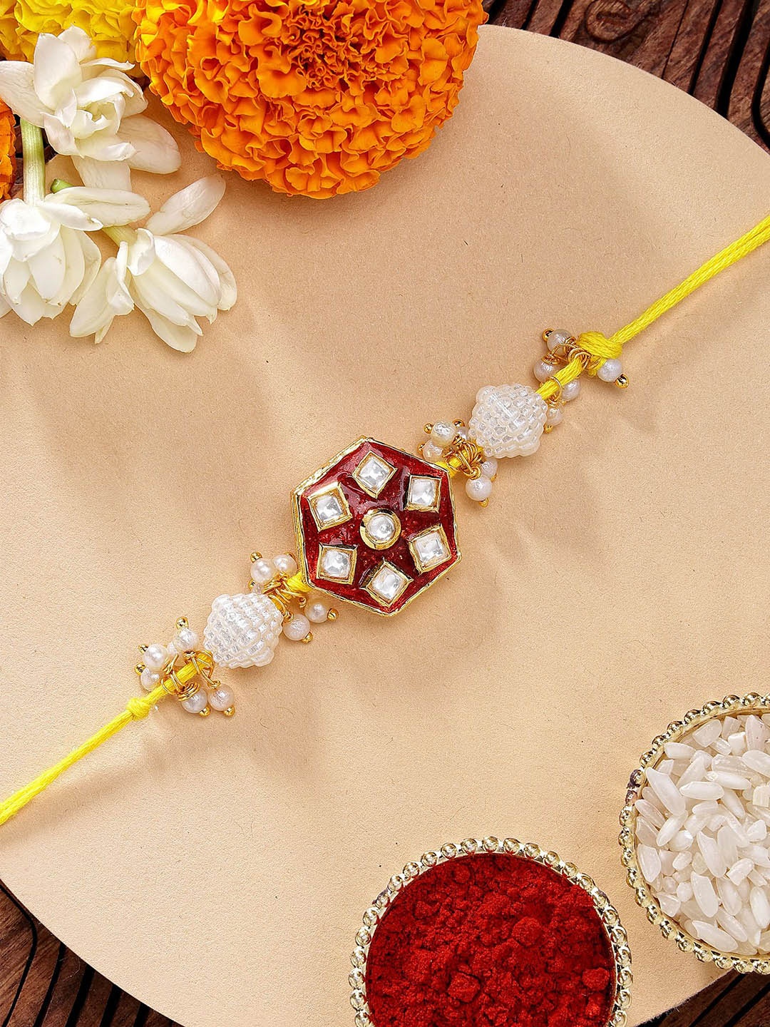 

KARATCART Red Meenakari Kundan Rakhi with Roli Chawal, Yellow