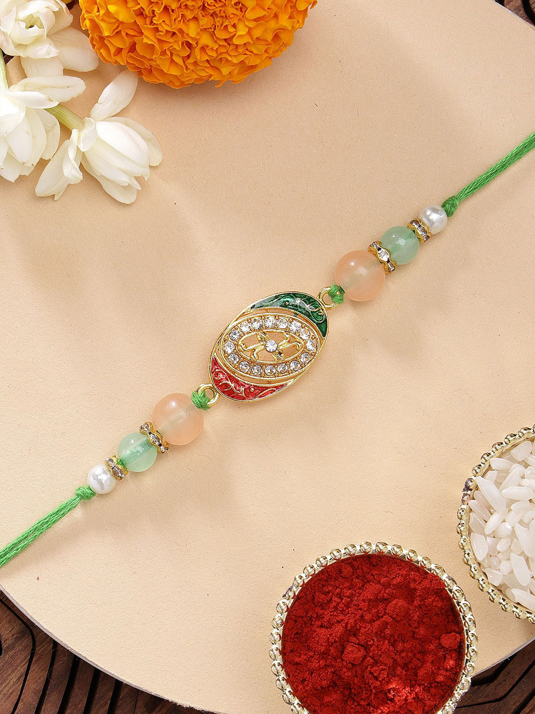 

KARATCART Crystal Studded Meenakari Rakhi with Roli & Chawal, Green