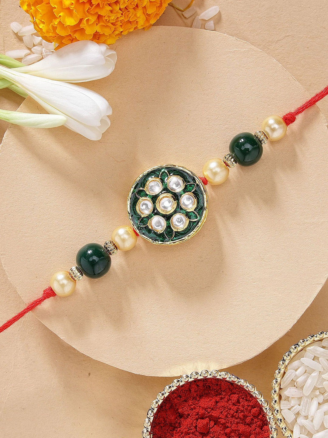 

KARATCART Green Meena Floral Design Kundan Rakhi with Roli & Chawal