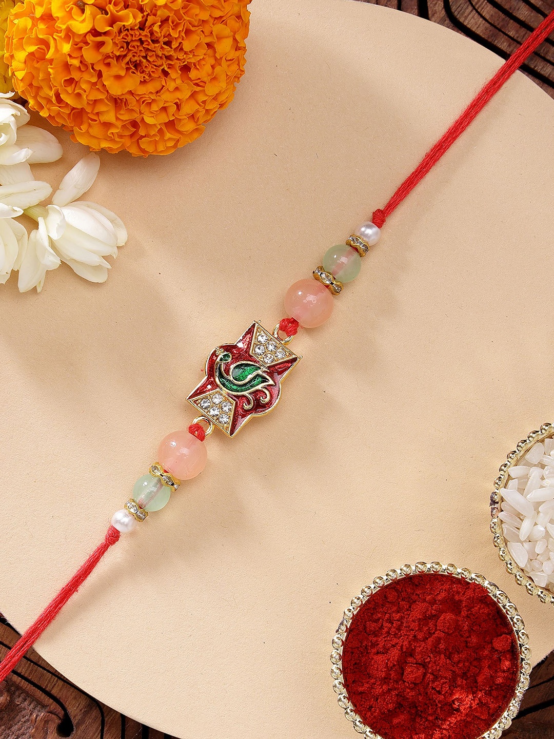 

KARATCART Peacock Design Red Meenakari Rakhi with Roli Chawal