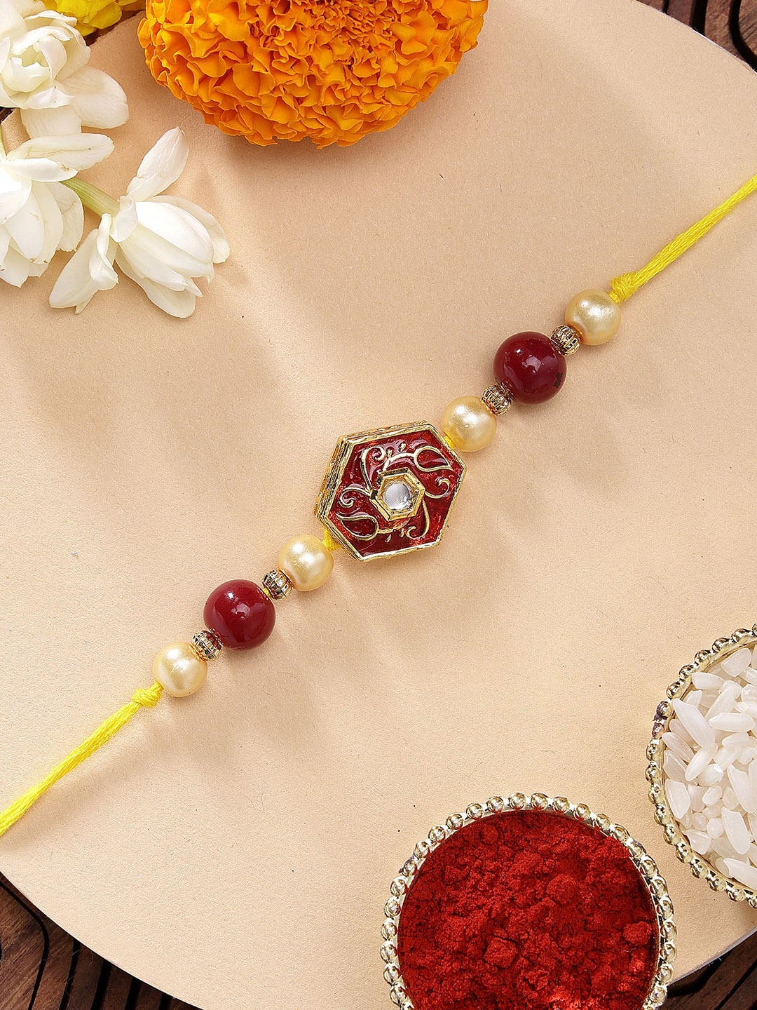 

KARATCART Red Meenakari Polki Kundan Rakhi with Roli & Chawal