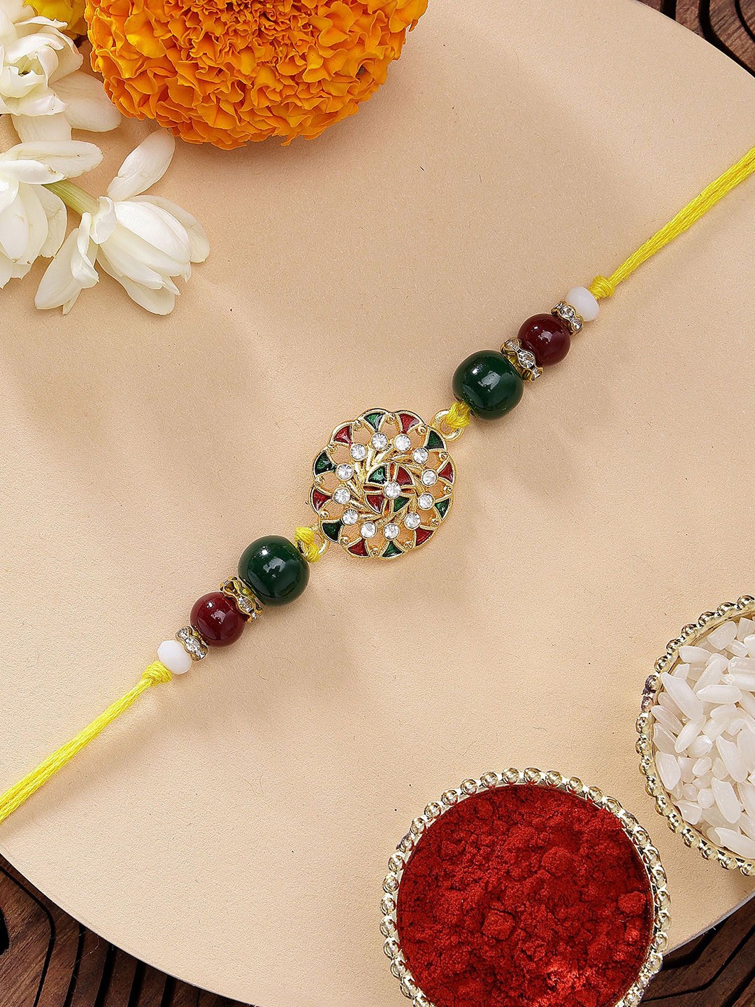 

KARATCART Floral Design Red & Green Meena Rakhi with Roli Chawal, Yellow