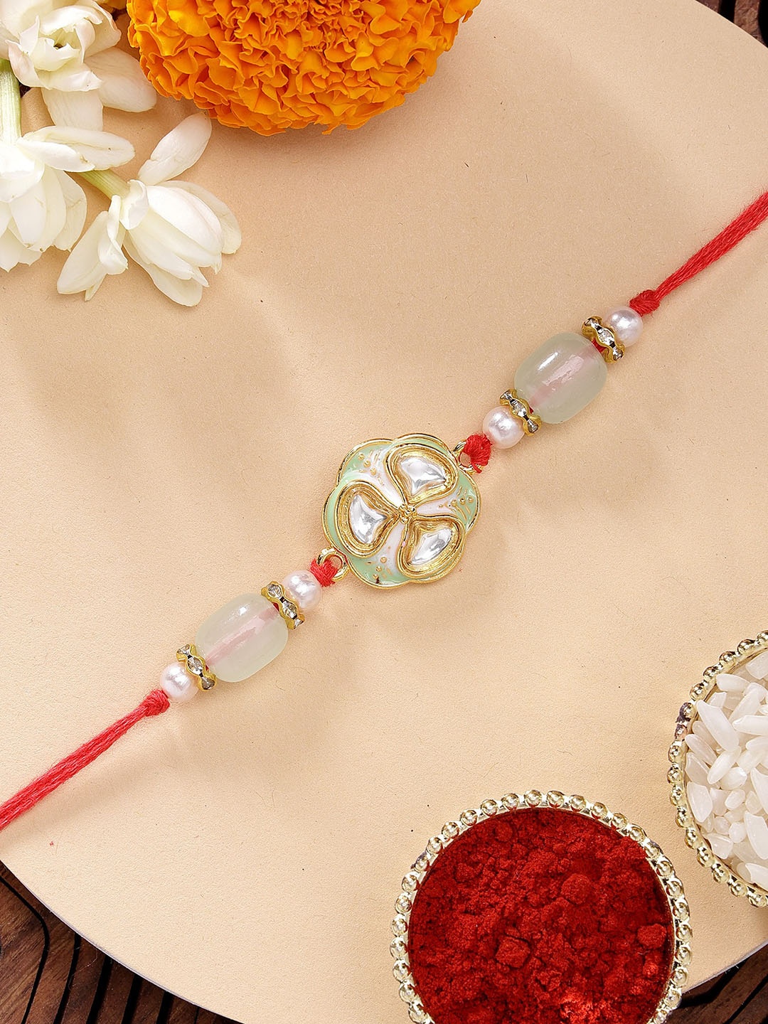 

KARATCART Lime Green Meenakari Floral Design Rakhi with Roli & Chawal