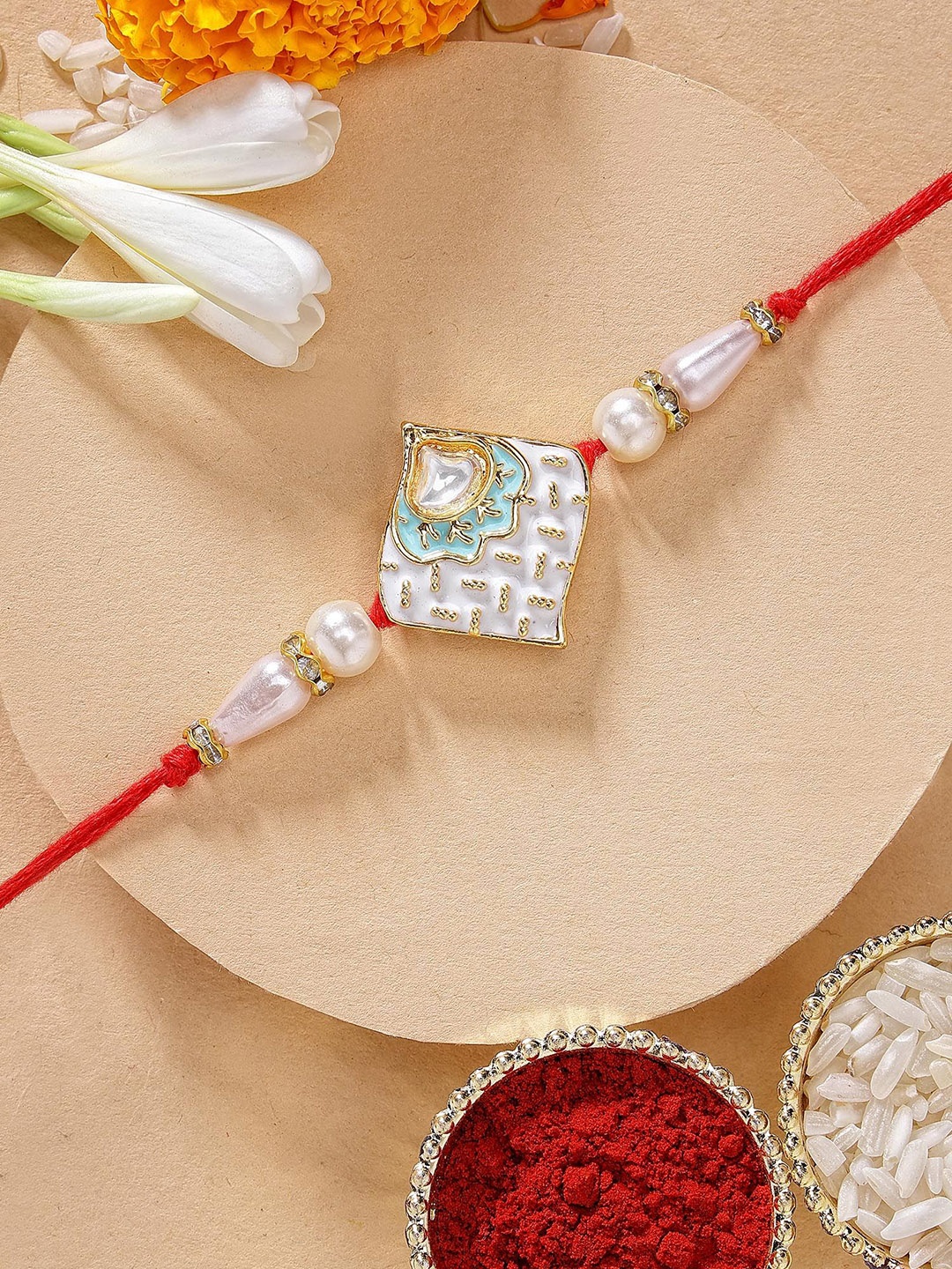 

KARATCART Sea Shell Design Meenakari Kundan Rakhi with Roli & Chawal, Red