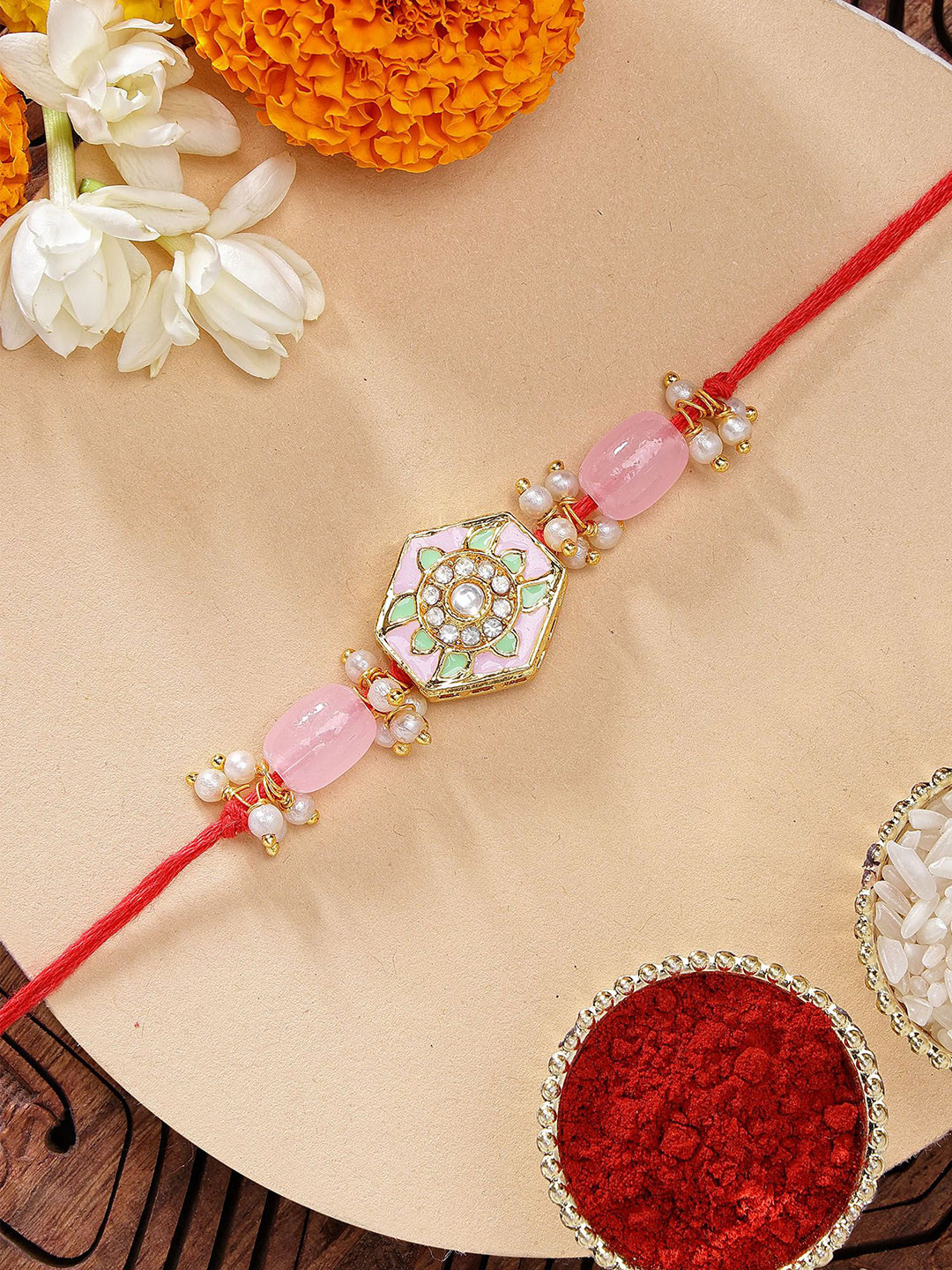 

KARATCART Pink Beads Floral Meenakari Rakhi with Roli & Chawal