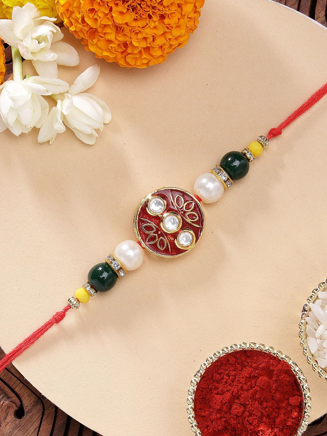 

KARATCART Red Meenakari Floral Design Kundan Rakhi with Roli & Chawal