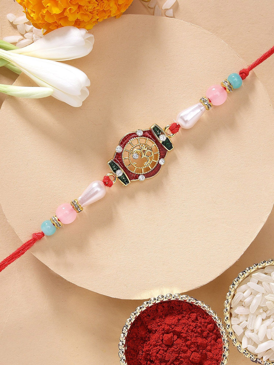 

KARATCART OM Shape Meenakari Rakhi with Roli & Chawal, Red