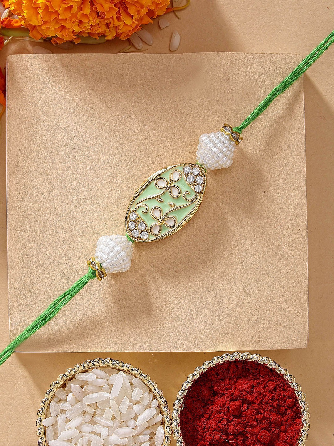 

KARATCART Lime Green Floral Meenakari Rakhi with Roli & Chawal