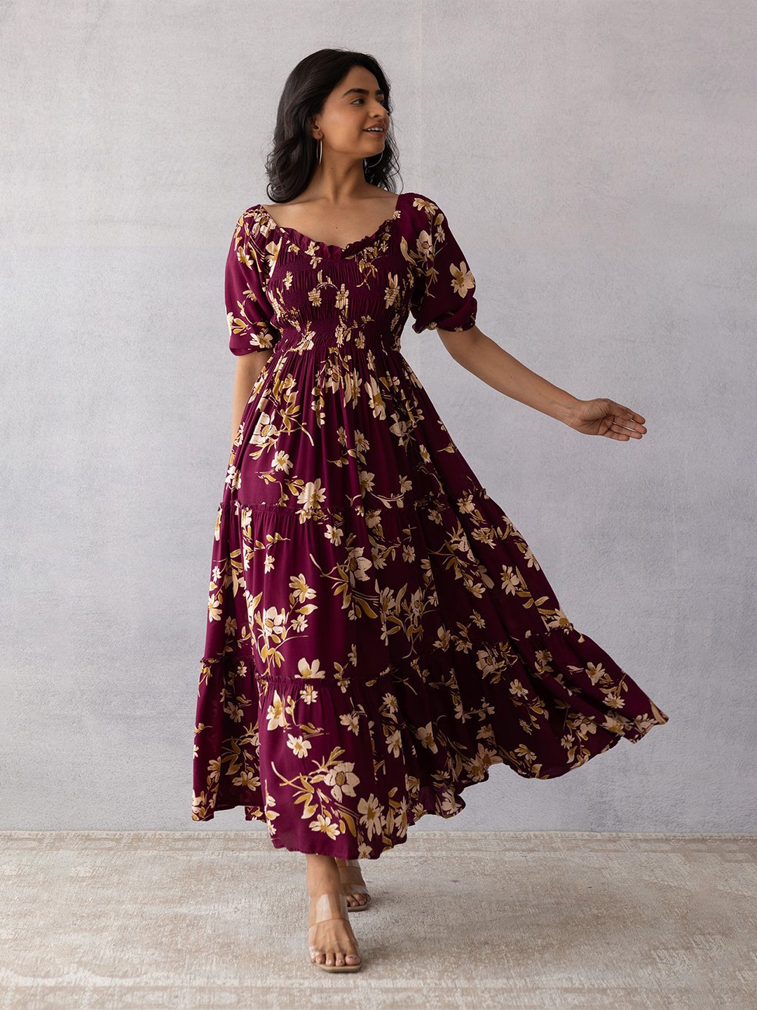 

Polago Clothing Women Floral Print Puff Sleeve Chiffon Maxi Dress, Maroon