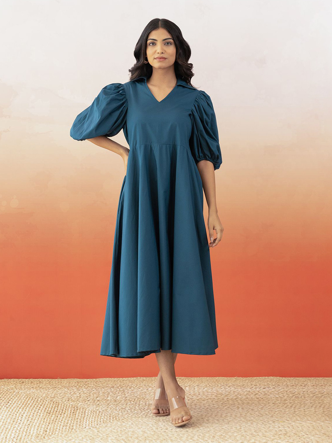 

Polago Clothing Puff Sleeve Cotton A-Line Midi Dress, Teal