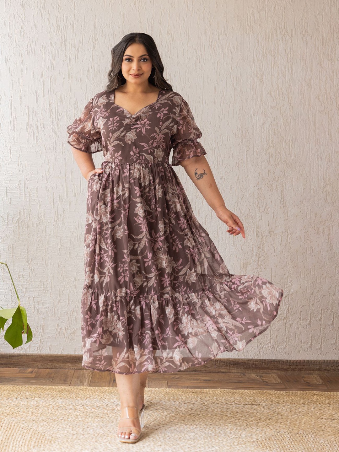 

Polago Clothing Plus Size Floral Print Fit and Flare Midi Dress, Green