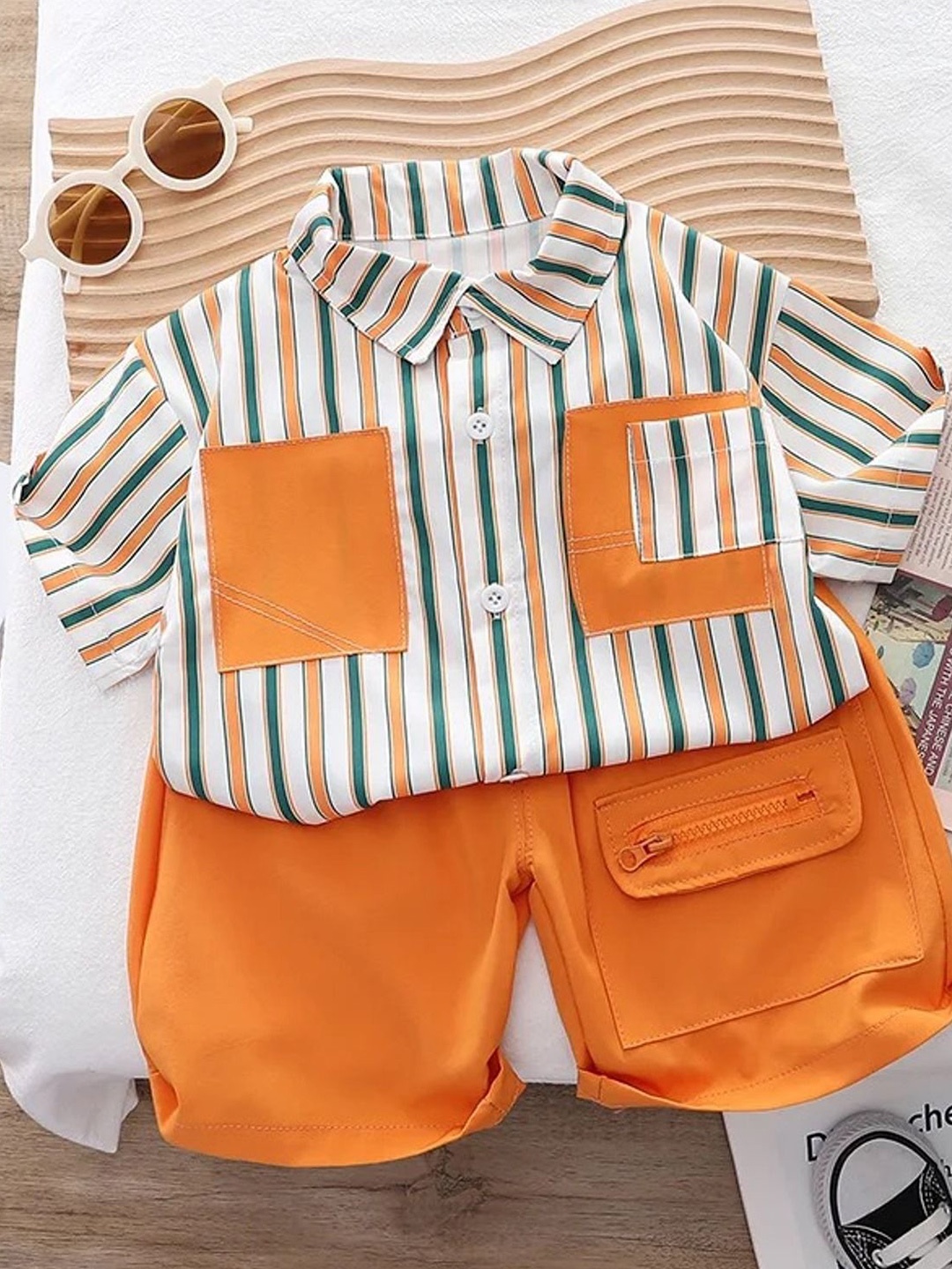 

TrendyKid Boys Striped Pure Cotton Shirt With Shorts, Orange