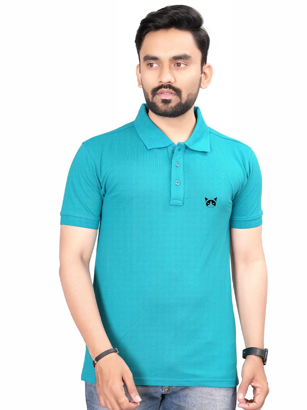 

Divra Clothing Men Polo Collar Pure Cotton T-shirt, Turquoise blue