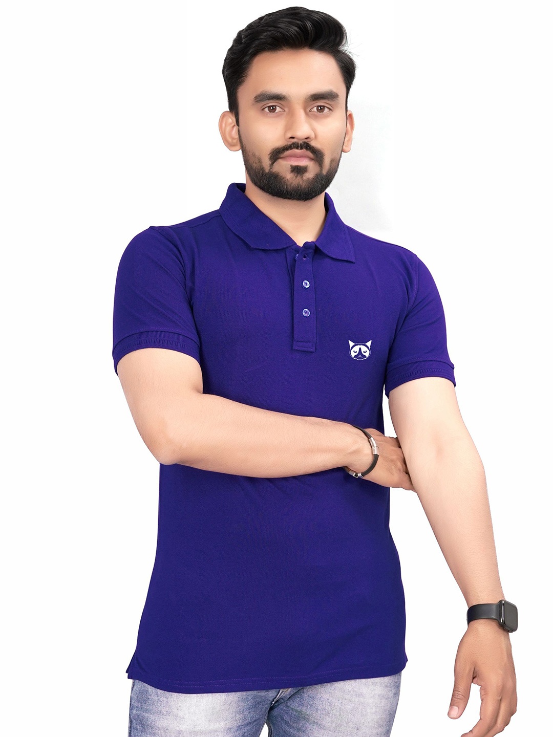 

Divra Clothing Men Polo Collar Pure Cotton Applique T-shirt, Blue