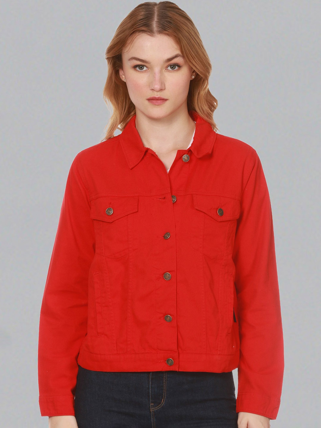 Dream of Glory Inc Women Lightweight Crop Outdoor Denim Jacket, Red