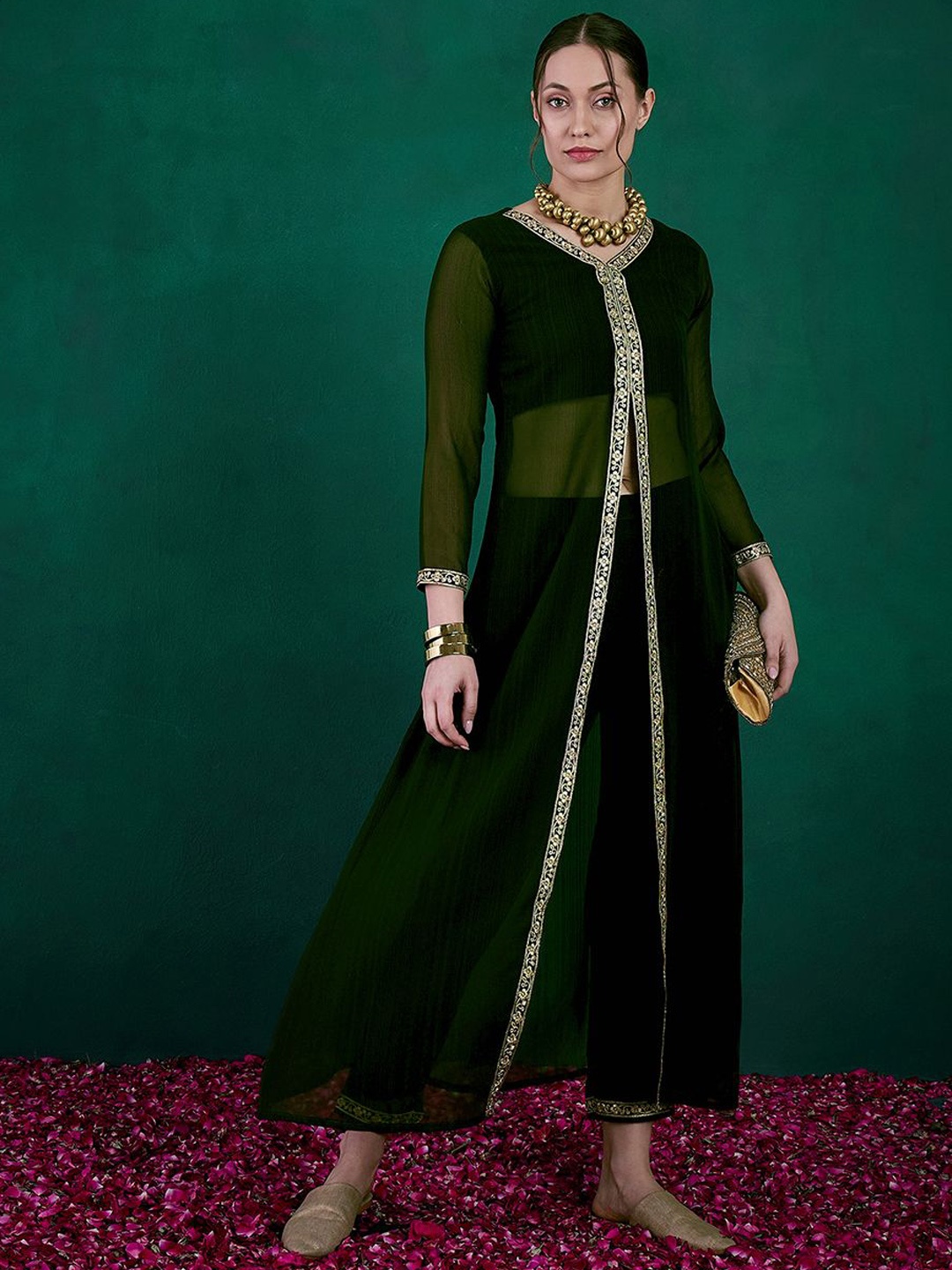 

Sangria Green Embroidered V-Neck A-Line Kurta With Trouser