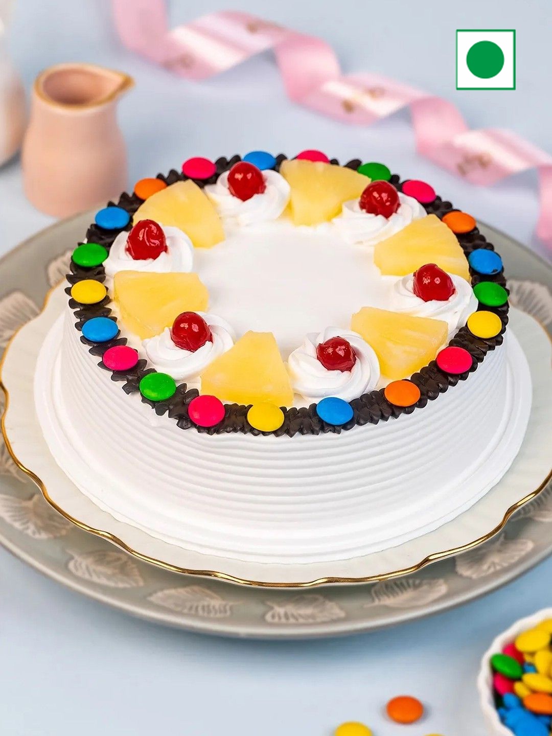 

fnp Pineapple Flavor Gems Eggless Round Cake- 500gms, Yellow