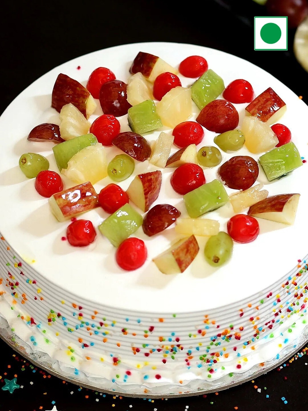 

fnp Fresh Fruit Vanilla Eggless Round Cake - 1 Kg, White