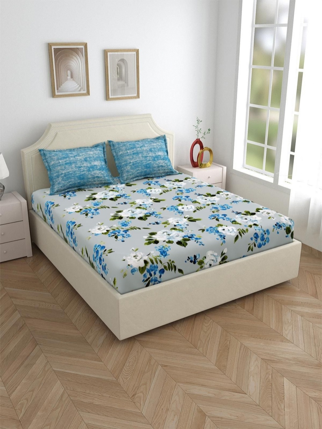 

Salona Bichona Blue & Green Floral Pure Cotton 120 TC Queen Bedsheet with 2 Pillow Covers