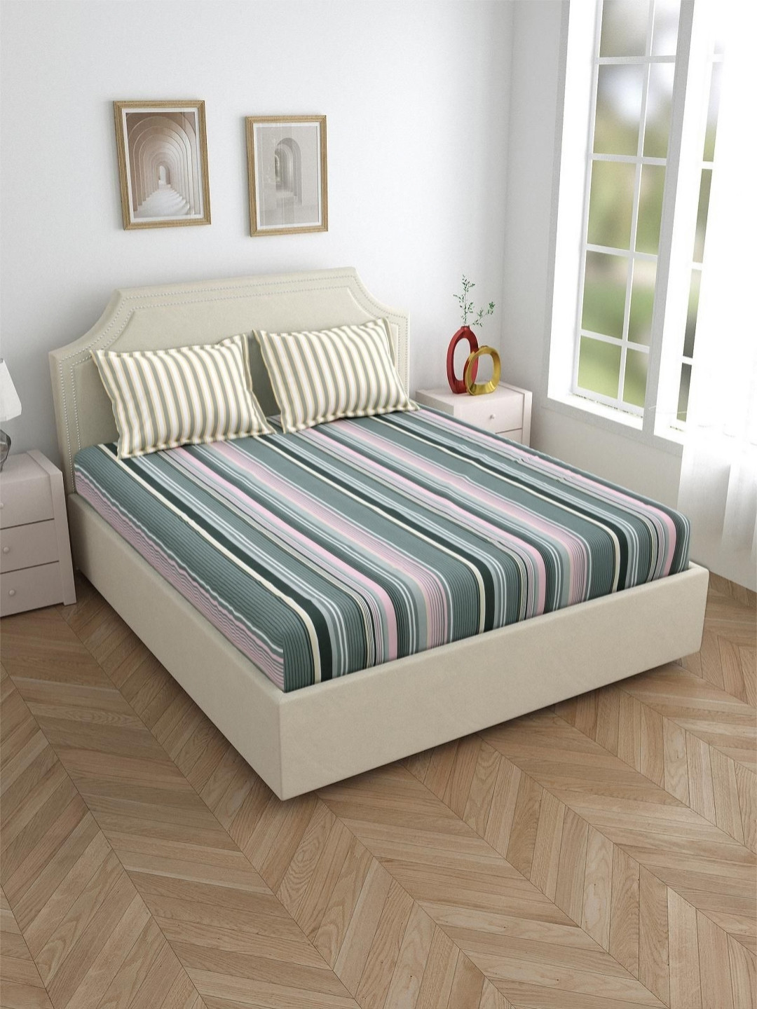 

Salona Bichona Grey & White Striped Pure Cotton 120 TC Queen Bedsheet with 2 Pillow Covers