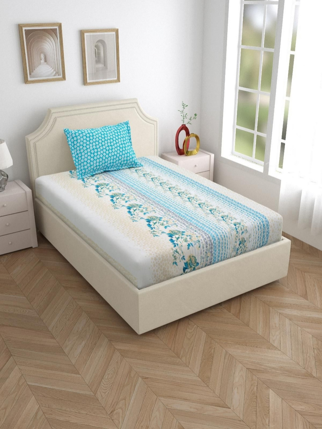 

Salona Bichona Turquoise Blue & White Floral 120 TC Single Bedsheet with 1 Pillow Covers