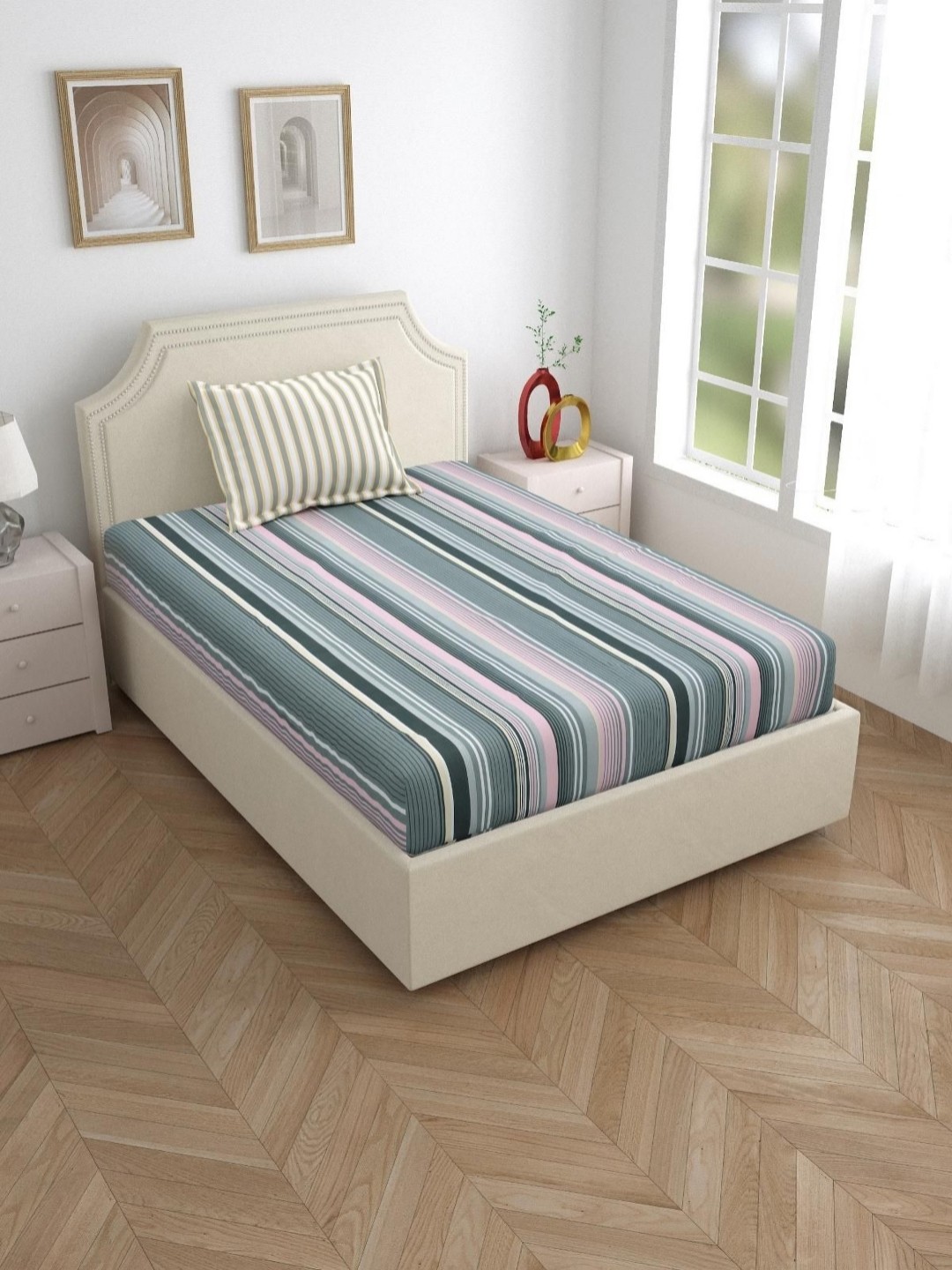 

Salona Bichona Grey Striped Pure Cotton 120 TC Single Bedsheet with 1 Pillow Covers