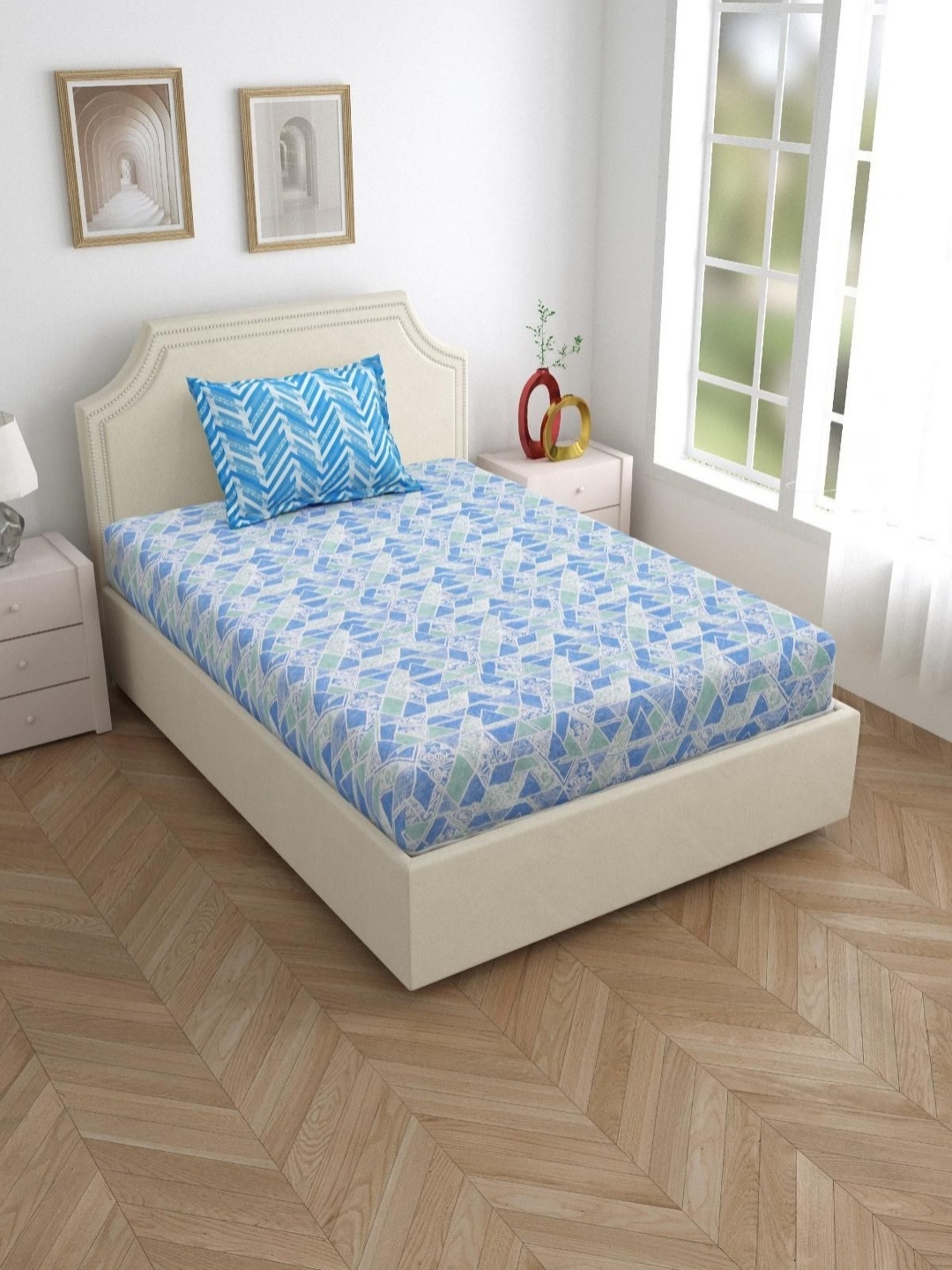 

Salona Bichona Blue Geometric Pure Cotton 120 TC Single Bedsheet with 1 Pillow Covers